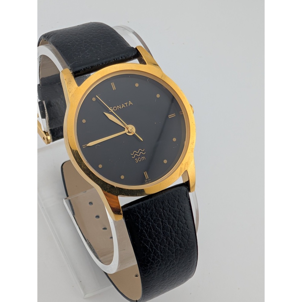 Sonata Watch Women 33mm Gold Tone Round Dial Black Leather Band 30M- New Battery